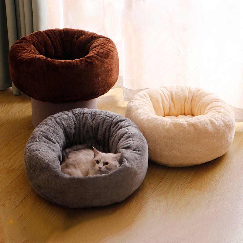 Pet Dog Bed Long Plush Donut Round Bed