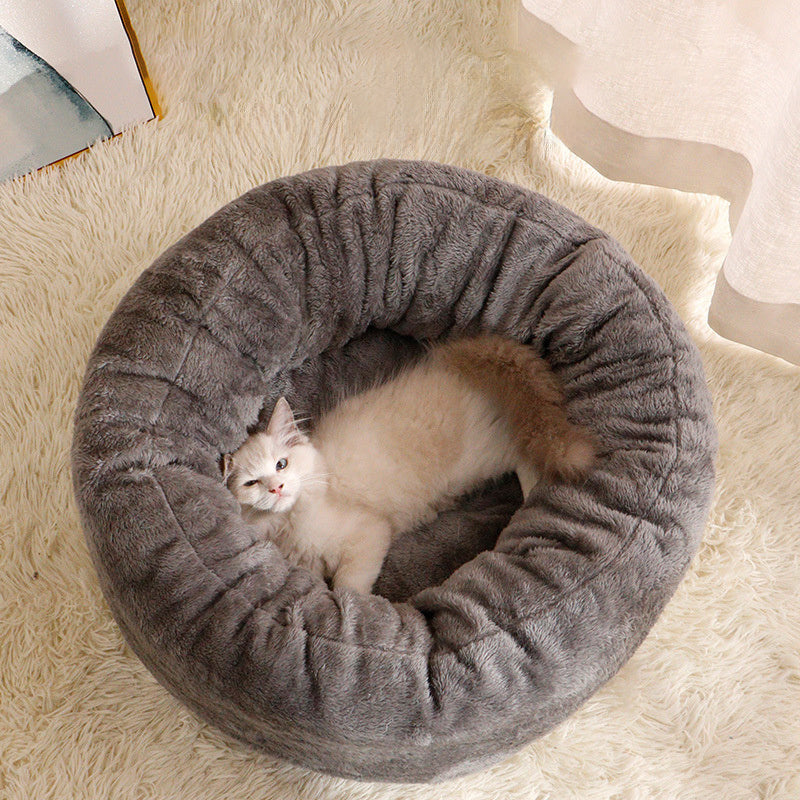 Pet Dog Bed Long Plush Donut Round Bed