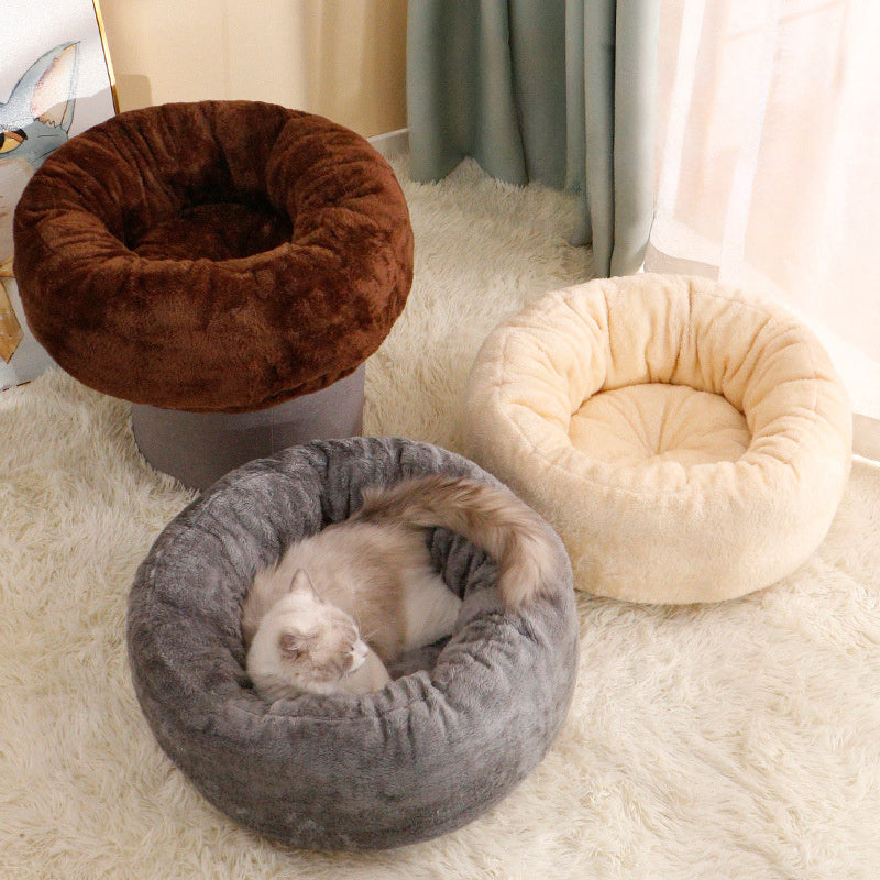 Pet Dog Bed Long Plush Donut Round Bed