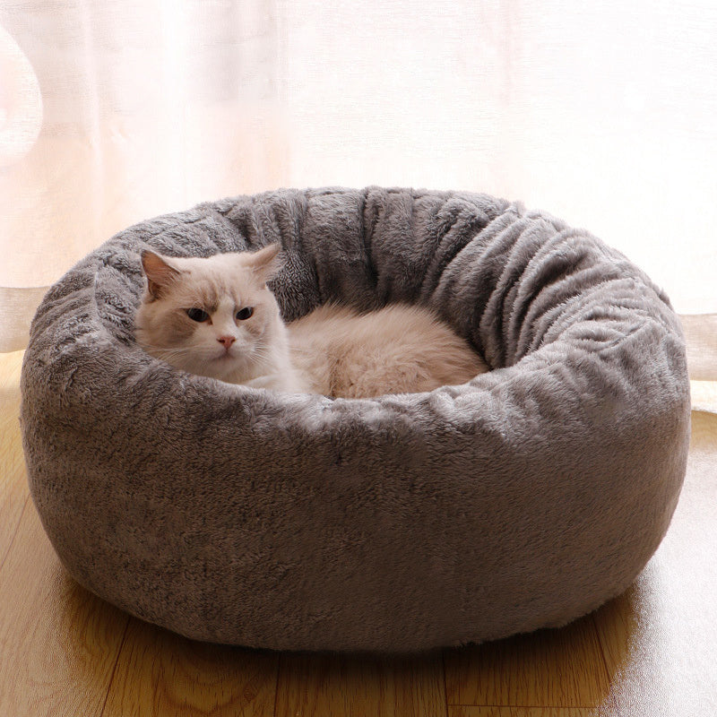 Pet Dog Bed Long Plush Donut Round Bed